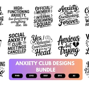 Anxiety Club SVG Bundle | Mental Health Humor Cut Files, Introvert Quote Clipart for Cricut & Sublimation