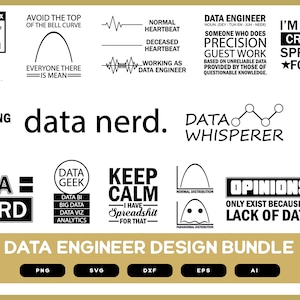Könnte beinhalten: Ein Schwarz-Weiß-Designpaket für Dateningenieure. Das Paket enthält 10 verschiedene Designs mit lustigen Sprüchen über Daten, Datenengineering und Datenanalyse. Die Designs beinhalten eine Glockenkurve, einen Herzschlag, einen Daten-Geek, einen Daten-Zauberer und einen Datenflüsterer. Die Designs sind perfekt für T-Shirts, Tassen, Aufkleber und andere Merchandise-Artikel.