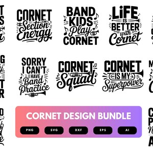 Op de afbeelding: Een verzameling zwart-witte ontwerpen met cornetthema's met zinnen als "Cornet Players Do It Better" en "Cornet Squad". Inclusief een "Cornet Design Bundle" afbeelding.