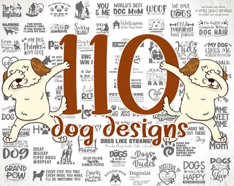 May include: A digital illustration of 110 dog-themed designs. The designs feature a variety of dog breeds, including a pug, a dachshund, and a golden retriever. The designs are in a variety of styles, including cartoon, realistic, and abstract. The designs are all in black and white.