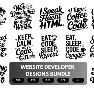 Könnte beinhalten: Eine Sammlung von schwarz-weißen Webentwickler-Designs mit Sätzen wie "Ich baue Websites, was ist deine Superkraft?" und "Ich spreche fließend HTML." Enthält einen Bündeltitel und Dateityp-Symbole.