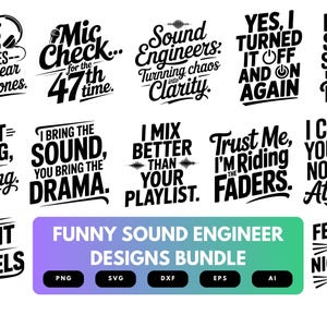 Rolig ljudtekniker SVG-paket | Ljudteknikcitat, studiohumor Clipart och Cricut Cut-filer för musikproffs