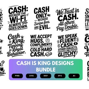 Op de afbeelding: Een verzameling zwart-wit grafische ontwerpen met uitspraken over contant geld, waaronder "Cash is King" en "We Trust in Cash". De ontwerpen zijn beschikbaar in PNG-, SVG-, DXF-, EPS- en AI-formaten.