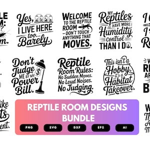 以下が含まれることがあります： ユーモラスなテキストが特徴の、爬虫類をテーマにした白黒のデザイン集です。「Reptile Room」、「Humidity Control」、「Habitat Takeover」などのフレーズが含まれています。PNG、SVG、DXF、EPS、AI形式で利用可能です。