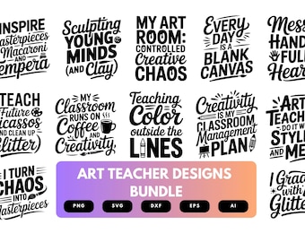 Puede incluir: Un conjunto de diseños para profesores de arte en blanco y negro con frases como "Inspiro obras maestras" y "Mi sala de arte: caos creativo controlado". El paquete incluye formatos de archivo PNG, SVG, DXF, EPS y AI.