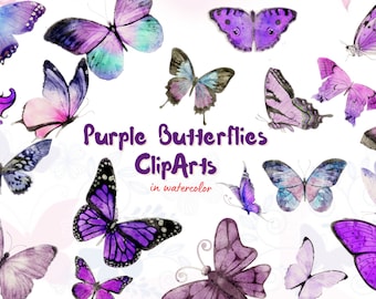 40 Purple Butterflies Cliparts | Purple Butterflies Clip Art | Purple Butterflies Watercolor Clip Arts | Purple Butterflies Watercolor Art