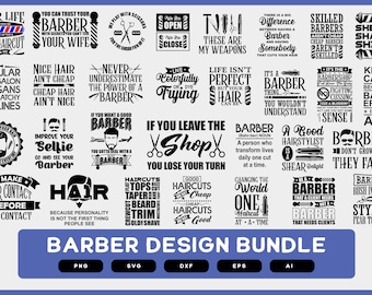May include: A black and white design bundle for barbers with 24 different designs featuring quotes and illustrations. The designs include phrases like "Your Life, Fresh Haircut", "Never Underestimate the Power of a Barber", "A Good Hairstylist is Shear Delight", and "Barbers Rush in Where Stylists Fear to Tread".