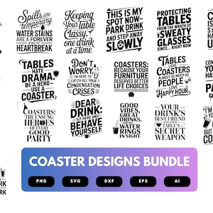 Puede incluir: Un conjunto de 16 diseños de posavasos en blanco y negro con refranes divertidos sobre bebidas y posavasos. Los diseños están en un paquete e incluyen los formatos de archivo PNG, SVG, DXF, EPS y AI.