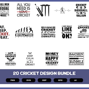 Puede incluir: Un conjunto de 20 diseños de temática de cricket en blanco y negro. Los diseños incluyen lemas basados en texto, ilustraciones de bates y wickets de cricket, y una pelota de cricket. Los diseños son adecuados para usar en camisetas, tazas y otras mercancías.