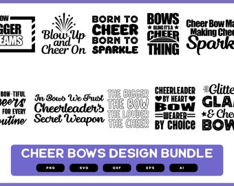 Op de afbeelding: Een digitale ontwerpbundel voor cheer-boogjes met verschillende spreuken, waaronder "Big Bow Bigger Dreams", "Blow Up and Cheer On", "Born to Cheer Born to Sparkle", "Bows Bling It's a Cheer Thing", "Cheer Bow Magic: Making Cheers Sparkle", "Bow-tiful Cheers for Every Routine", "In Bows We Trust Cheerleader's Secret Weapon", "The Bigger the Bow The Louder the Cheer", "Cheerleader by Heart Bow Wearer by Choice" en "Glitter Glam & Cheer Bows".