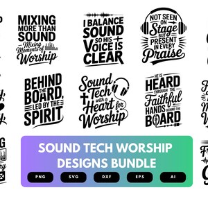 May include: A collection of black and white graphic designs with religious themes. The designs include text about worship, sound ministry, and faith. A banner at the bottom reads "SOUND TECH WORSHIP DESIGNS BUNDLE."