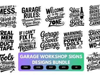Può includere: Una collezione di insegne per officina garage in bianco e nero con vari detti umoristici. Le insegne includono frasi come "Regole del garage", "I veri uomini usano il nastro adesivo" e "Avvertenza: utensili elettrici incustoditi in uso".
