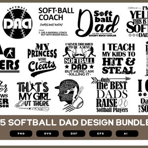 Op de afbeelding: Een digitale bundel met 15 softball-themaontwerpen voor vaders. De ontwerpen bevatten verschillende slogans en afbeeldingen met betrekking tot softball, waaronder "Softball Dad", "My Princess Wears Cleats" en "I Teach My Kids to Hit & Steal".