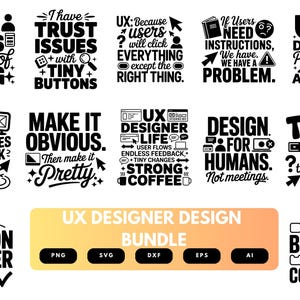 May include: A digital design bundle featuring twelve black and white graphic illustrations with typography related to UX design, including phrases like User Flows, Trust Issues, Make It Obvious, and Professional Friction Remover, plus file format labels.