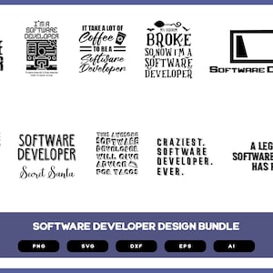 Pode incluir: Um conjunto de 10 arquivos de design digital em preto e branco para desenvolvedores de software. Os designs incluem ditos engraçados como "Futuro desenvolvedor de software", "Sou um desenvolvedor de software", "É preciso muito café para ser um desenvolvedor de software", "Meu cérebro quebrou, então agora sou um desenvolvedor de software", "Título de desenvolvedor de software carregando...", "Desenvolvedor de software Secret Santa", "Este incrível desenvolvedor de software dará conselhos para tags", "O desenvolvedor de software mais maluco de todos os tempos", "Um desenvolvedor de software lendário se aposentou", e "Desenvolvedor de software".
