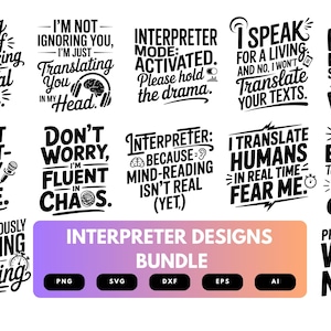Può includere: Un pacchetto di design grafici in bianco e nero con citazioni a tema interprete. Include frasi come "Traduco gli umani in tempo reale" e "Non preoccuparti, sono fluente nel caos".