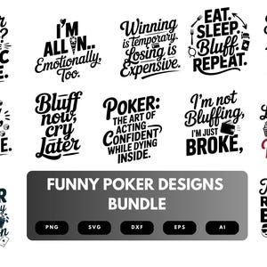 Grappige poker-SVG-bundel | Kaartspelcitaten, casino-clipartbestanden voor cricut en sublimatie