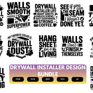 Op de afbeelding: Een digitale collectie van vijftien zwart-wit grafische ontwerpen met tekst en illustraties gerelateerd aan gipsplaatinstallatie, inclusief zinnen zoals Coffee Drywall Mud Repeat en Drywall Installer Design Bundle.