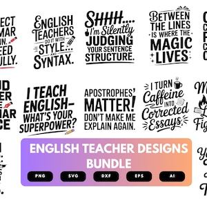 Könnte beinhalten: Ein Set mit 10 Designs für Englischlehrer mit lustigen und nachvollziehbaren Zitaten über Grammatik, Zeichensetzung und Unterricht. Die Designs sind in schwarzem Text auf weißem Hintergrund gehalten und beinhalten Sätze wie "Ich korrigiere Grammatik zum Spaß", "Englischlehrer machen es mit Stil", "Apostrophe zählen! Lass mich nicht noch einmal erklären" und "Meine Klasse ist LIT. Wörtlich und im übertragenen Sinne."