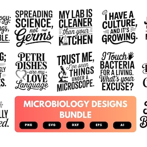 Peut inclure: Ensemble de motifs sur le thème de la microbiologie en noir et blanc, avec diverses citations et phrases. Les motifs comprennent du texte tel que "Ma cuisine est plus propre que la vôtre" et "Je touche des bactéries pour vivre".