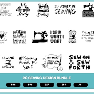 Puede incluir: Un conjunto de 20 diseños de costura en blanco y negro. Los diseños incluyen texto como "Sew Much Fabric Sew Little Time", "Sew On & Sew Forth" y "Peace Love Sewing". Los diseños están disponibles en los formatos PNG, SVG, DXF, EPS y AI.