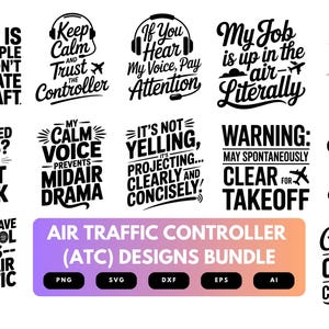 May include: A collection of black and white air traffic controller designs with various quotes and phrases. The designs include text like "Sleep is for people who don't separate aircraft" and "Air Traffic Control: Because Magic Isn't Real."