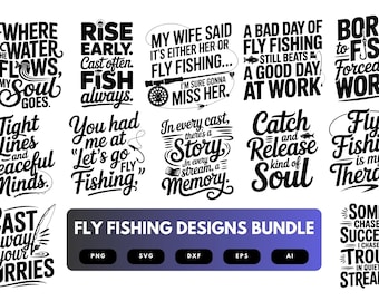 Paquete SVG de pesca con mosca / Clipart de pescador, archivos de corte de silueta de trucha para Cricut y sublimación