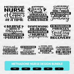 May include: A black and white design bundle for a methadone nurse. The bundle includes 10 different designs with inspirational quotes and phrases. The designs are perfect for creating t-shirts, mugs, tote bags, and other merchandise.