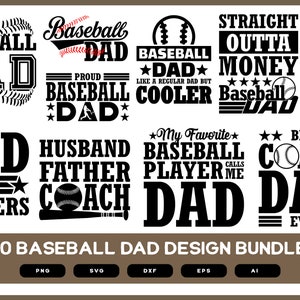 Puede incluir: Un conjunto de 10 diseños de paquete de papá de béisbol en blanco y negro. Los gráficos presentan texto e imágenes con temática de béisbol, como "Papá de béisbol", "Papá entrenador" y "Mi jugador de béisbol favorito me llama papá".