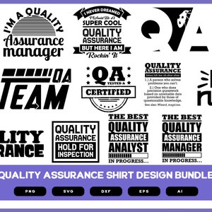 以下が含まれることがあります： 品質保証に関連するさまざまなスローガンを特徴とする、15の白黒のTシャツデザインのバンドル。デザインには、「私は品質保証マネージャーです」、「品質保証チーム」、「品質保証忍者」、「信頼してください、私は品質保証スペシャリストです」などのフレーズが含まれています。