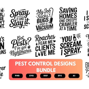 Może przedstawiać: Zestaw czarno-białych wzorów do zwalczania szkodników z zabawnymi hasłami, takimi jak „Spray it and Slay it” i „My Job Sucks Bugs into a Vacuum”. Dostępne w formatach PNG, SVG, DXF, EPS i AI.