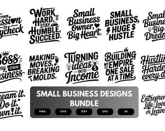 Puede incluir: Una colección de citas de diseño de pequeñas empresas en blanco y negro. Las frases incluyen "De la pasión a la nómina", "Trabaja duro, sé humilde, ten éxito" y "Pequeño empresario, gran corazón". También se incluye un paquete de archivos de diseño.