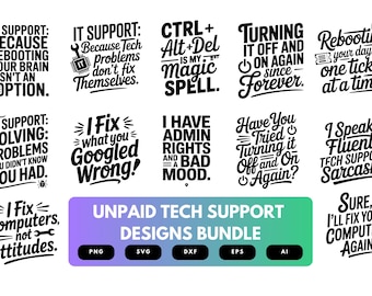 Paquete SVG de soporte técnico no remunerado / Clipart divertido de ayuda informática, archivos de corte de chistes tecnológicos familiares para Cricut y sublimación