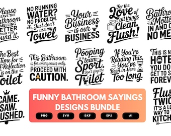 Puede incluir: Un conjunto de diseños en blanco y negro con temática de baño con frases humorísticas. Los diseños incluyen frases como "Por favor, deja el baño mejor de lo que lo encontraste" y "Tira de la cadena dos veces."