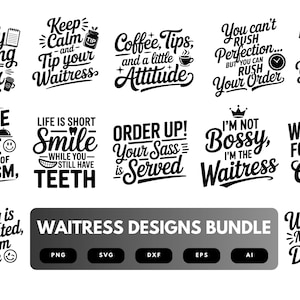 Waitress SVG Bundle | Restaurant Service Clipart, Waitstaff Quote Cut Files for Cricut & Sublimation