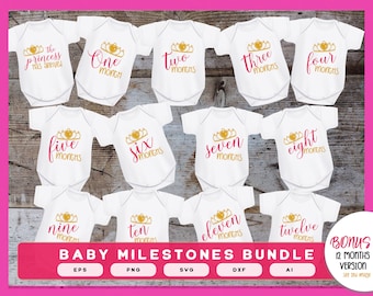 Baby Milestones Girl SVG Cut Bundles | Baby Monthly Milestones Bundle | Baby Months Onesies Design For Girl