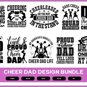 Może przedstawiać: Pakiet cyfrowych wzorów dla taty cheerleaderek z 10 różnymi wzorami z czarnym tekstem na białym tle. Wzory zawierają takie frazy jak "Cheer Dad Life", "Proud Cheer Dad", "Chasing Pom-Poms and Cheering on My Star" i "Supporting Her Dreams One Cheer at a Time".