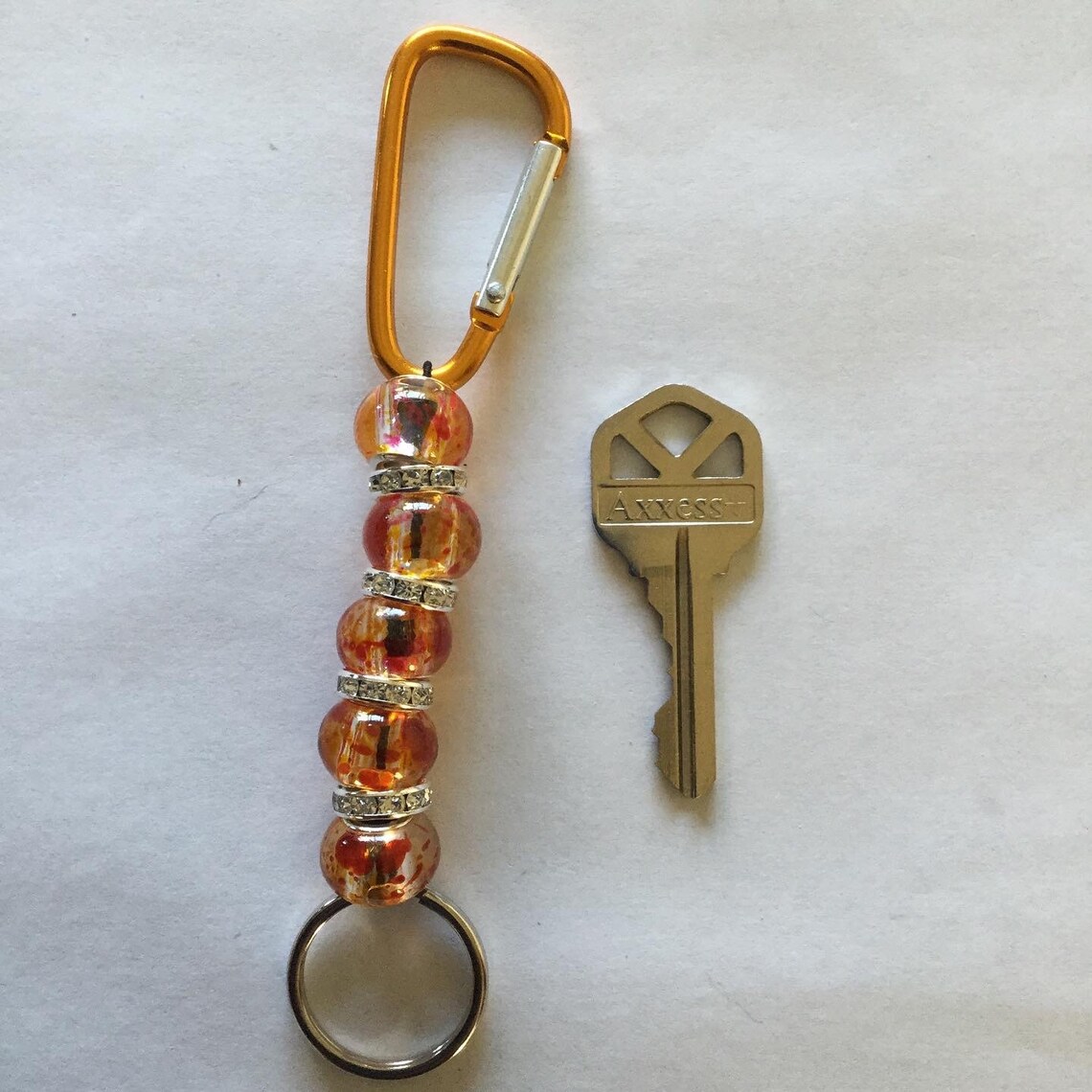 Handmade Beaded Keychain With Orange Beads and Easy on and off Clip