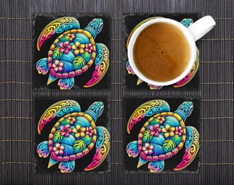 Juego de posavasos de pizarra con forma de tortuga marina: decoración vibrante para el hogar con temática costera.