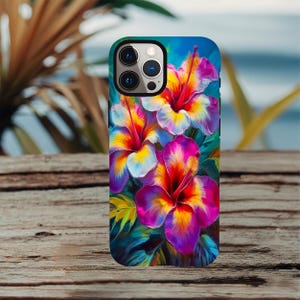 Hibiscus Bloom Phone Case - Vibrant tropical hibiscus flower design for iPhone 11-16 and Samsung S21-S25 in rubber and leather options.
