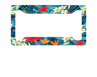 Hibiscus & Plumeria License Plate Frame – Tropical Hawaiian Car Accessory – Beach Vibes Auto Decoration