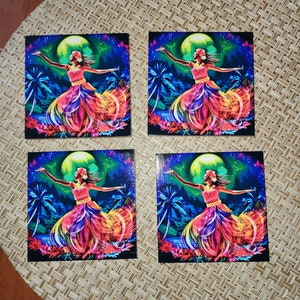 Bamboo Wood Drink Coaster with Storage Rack - Hula Under the Moonlight Tropical Gift Kitchen and Bar Decor