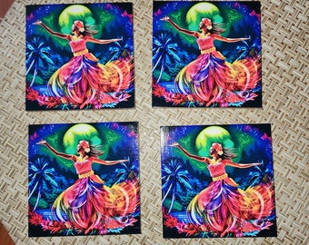 Bamboo Wood Drink Coaster with Storage Rack - Hula Under the Moonlight Tropical Gift Kitchen and Bar Decor