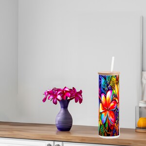 Red Plumeria Frosted Glass Tumbler with Bamboo Lid (20 oz)