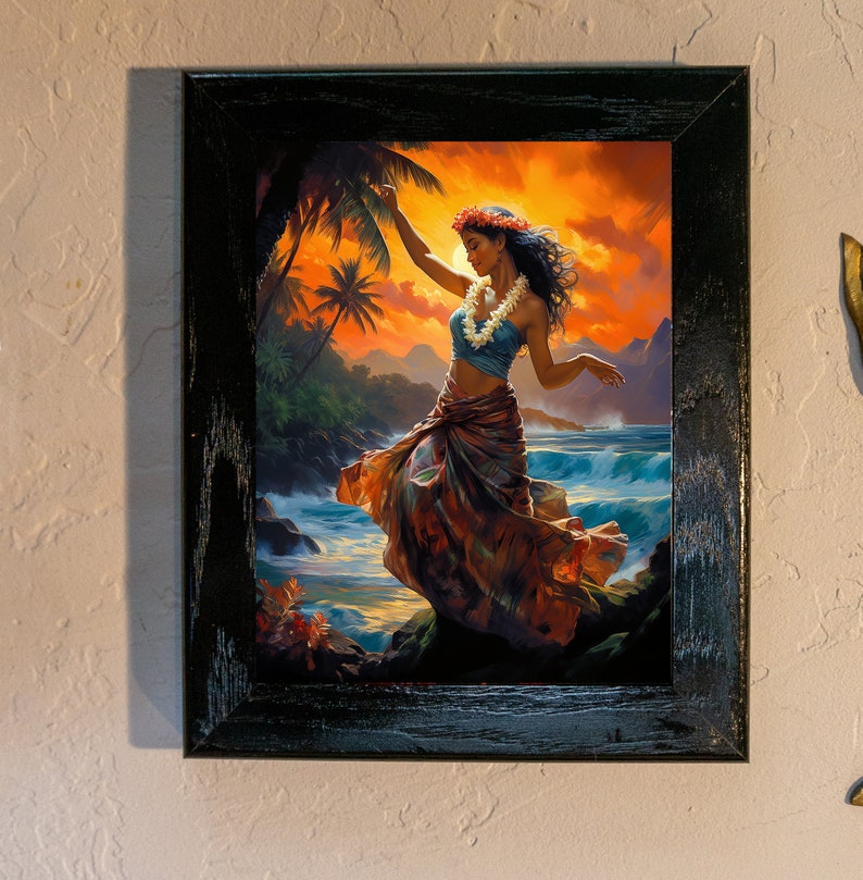 Hawaiian Hula Dancer on Sunset Night Dancing on the Beach Ceramic Tile Wall Art image 2