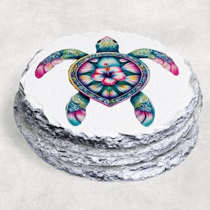 Tropical Turtle Slate Coaster: Vibrant Artistic Design