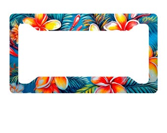 Orange & Red Plumeria License Plate Frame: Tropical Hawaiian Car Accessory