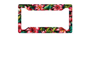Red Plumeria License Plate Frame – Tropical Hawaiian Car Accessory – Beach Vibes Auto Decoration
