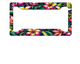 Hawaiian Flower Print License Plate Frame - Aluminum Car Accessory for Tropical Vibes & Durability