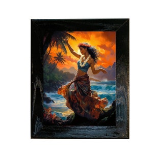 Hawaiian Hula Dancer Sunset Ceramic Tile Wall Art: Tropical Beach Night Décor